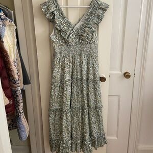 Tuckernuck Hyacinth House Green Floral Ruffle V-Neck Rhodes Midi Dress